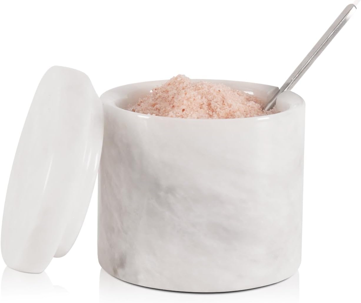 SPESHSTONES Marble Salt Jar with Lid and Spoon 7.5cm White Handmade Spice Jars for Kitchen Storage - Flake Salt Holder, Decorative Sugar Bowl and Small Spice Containers for Countertop Decoration
