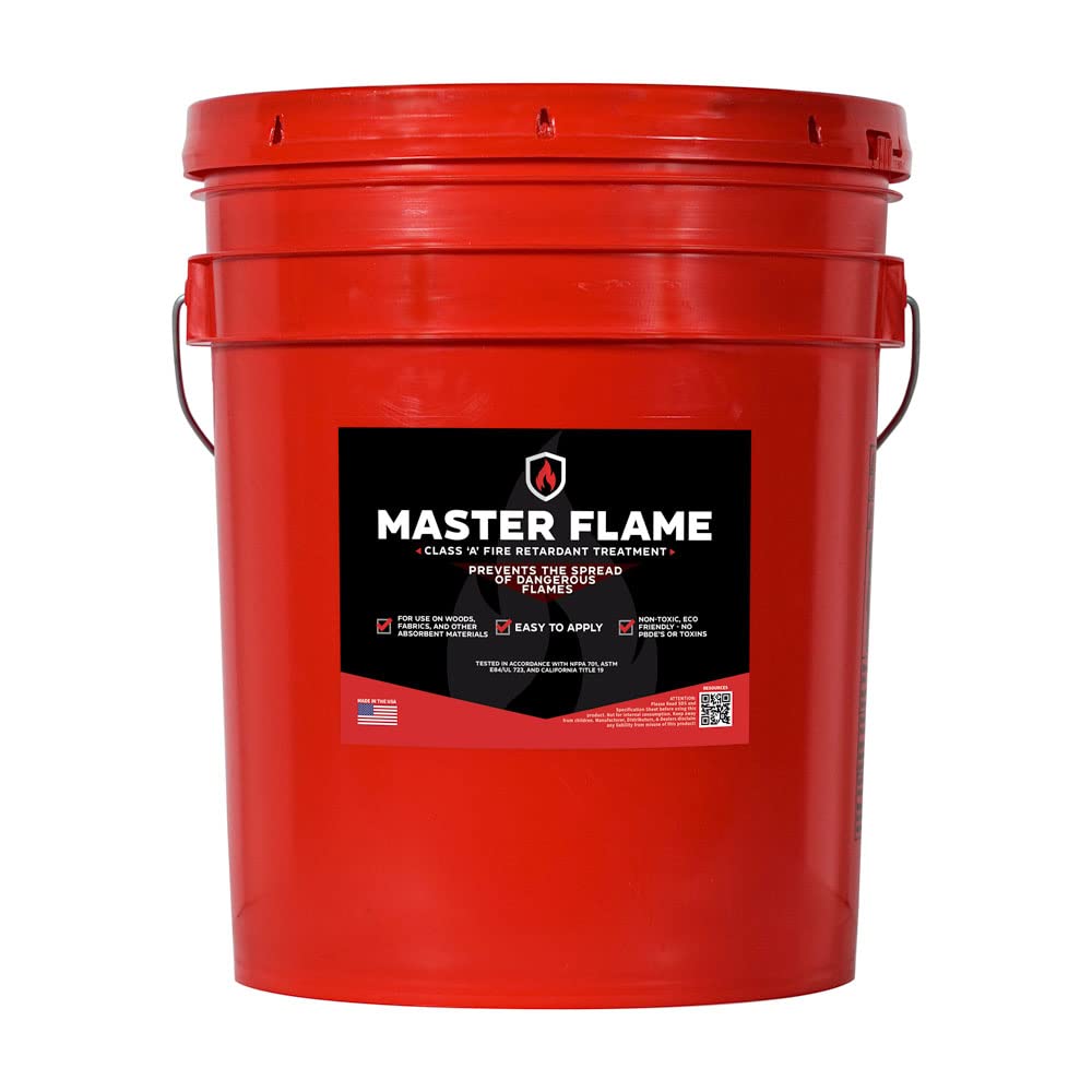 Master Flame Class A Fire Retardant Spray for Wood, Fabric, Cotton & More - Non-Toxic Flame Retardant Coating - Meets NFPA 701 & ASTM E84 - Made in USA - Easy to Apply and Dries Clear - 5 Gallon Pail