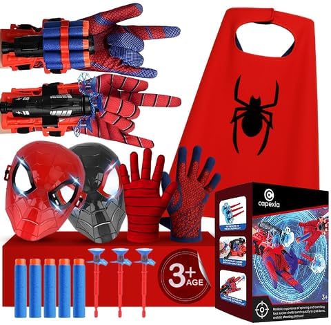 Superhero Web-Slinging Toy Set – 7-in-1 Superhero Set Includes 2 Web Shooters, 2 Hero Masks, 2 Gloves, and 1 Cape – Ideal for Indoor and Outdoor Costume Role-Playing, Imaginative Play for Kids Ages 3+