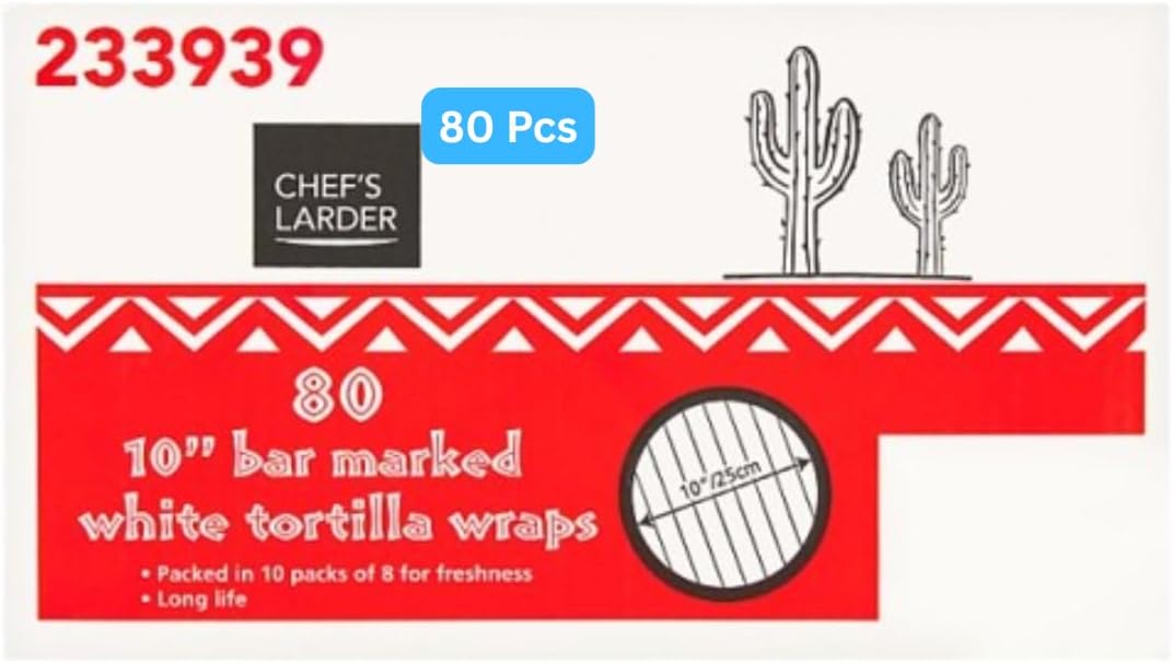 White Tortilla Wraps, 25.4 cm, 80 Pieces, 10 Packs of 8 (80 Tortillas Box)