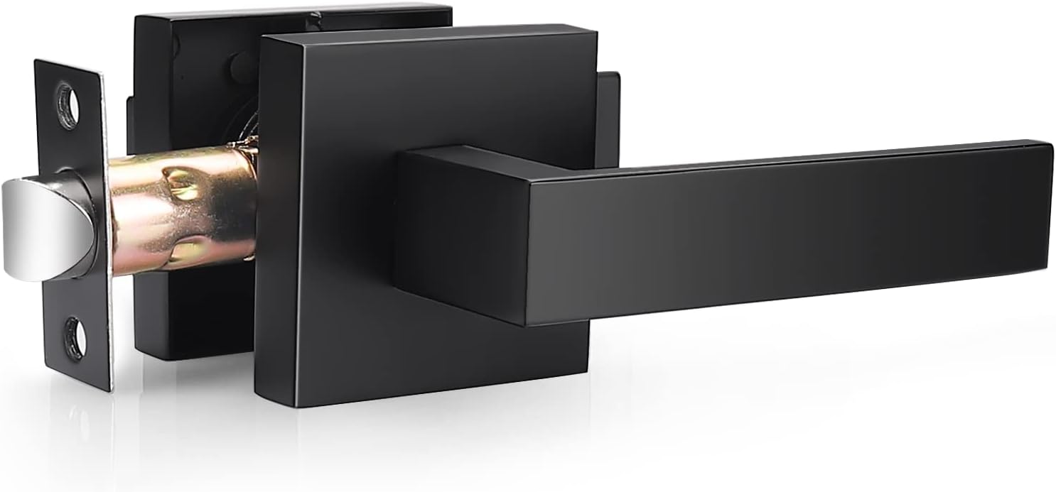 Probrico Matte Black Passage Door Lever Square Hall Closet Handle, Heavy Duty Interior Non-Locking Lever Set, Reversible for Right & Left Side, 1 Pack
