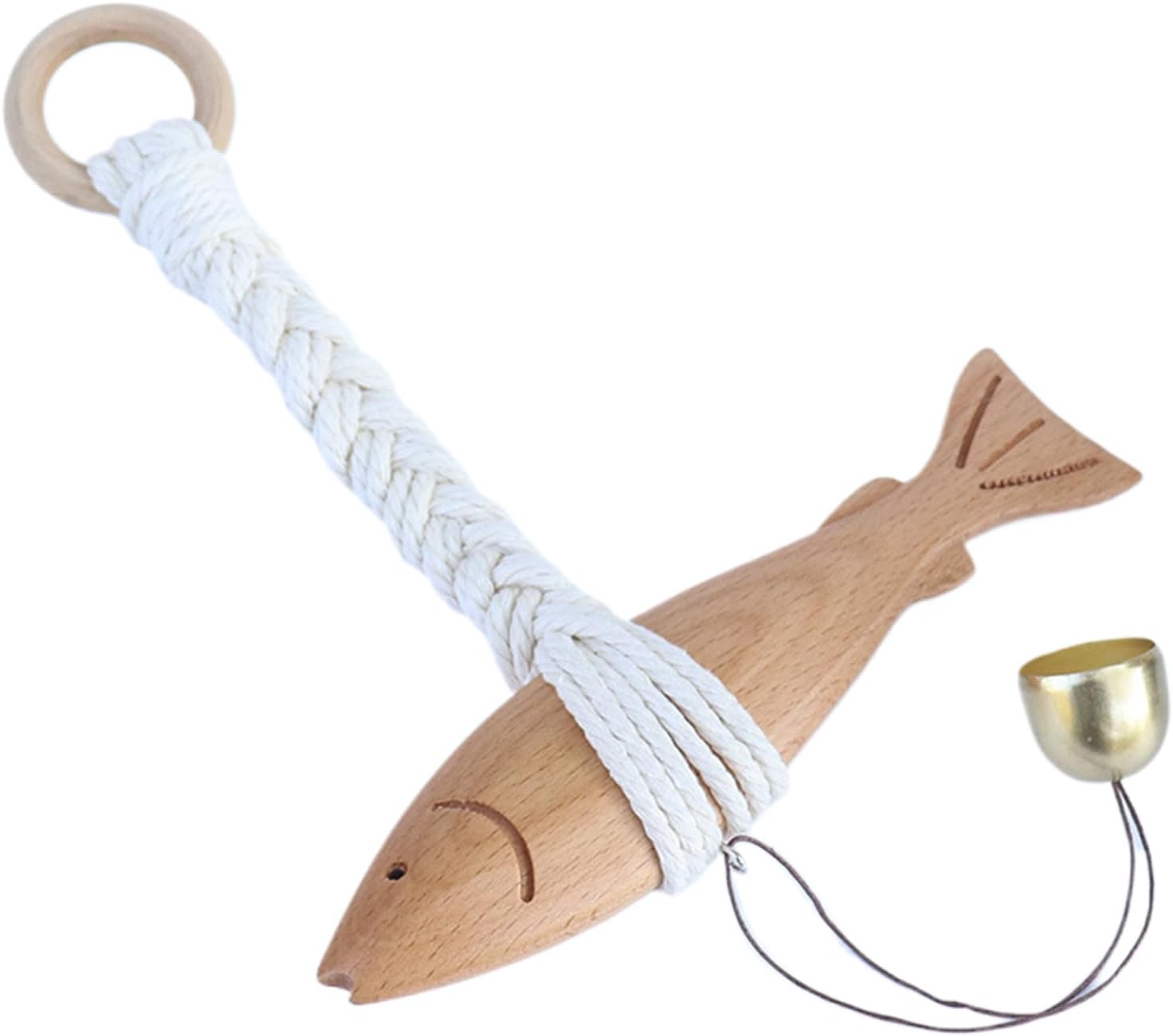 Pruojhw Decorative Wooden Fish Sculpture - Wooden Beach Murine Decor with Bell | Hand Carved Pendant for Living Room Bathroom Bedroom Nautical Theme