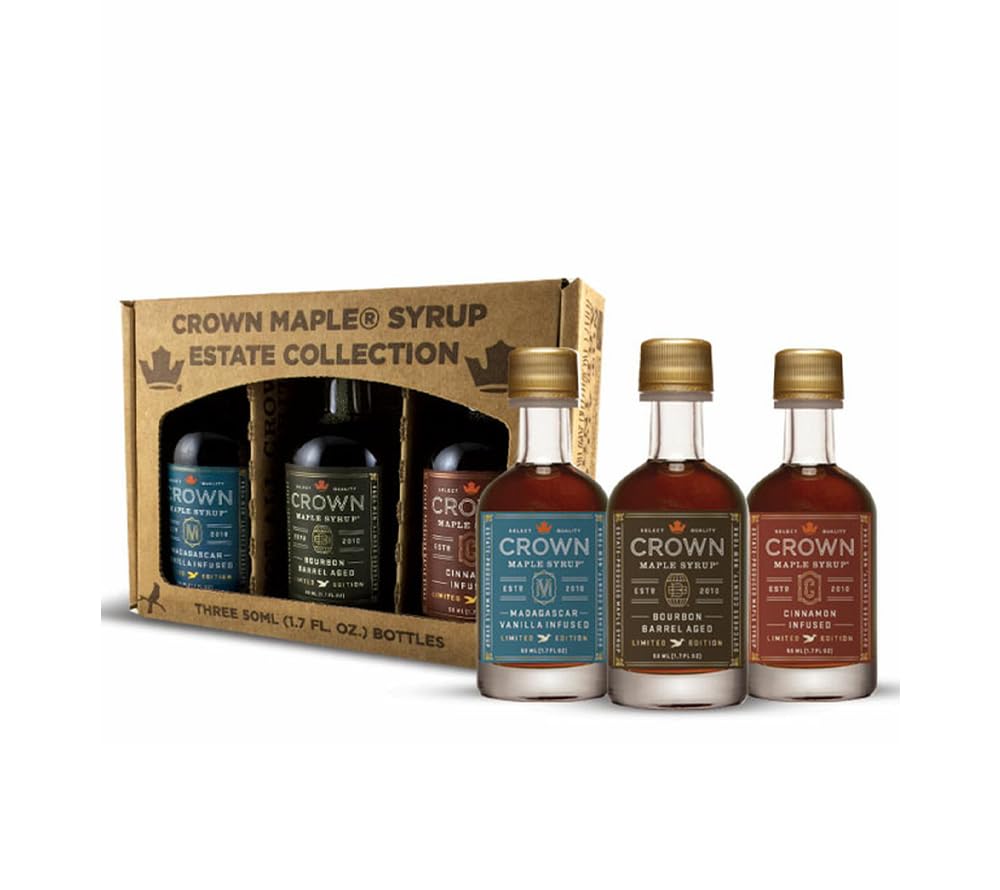 Crown Maple Artisan Trio Collection in Petite 50ML (1.7 Fl. Oz.) Window Box featuring Bourbon Barrel Aged, Madagascar Vanilla Infused, and Cinnamon Infused Organic Maple Syrup