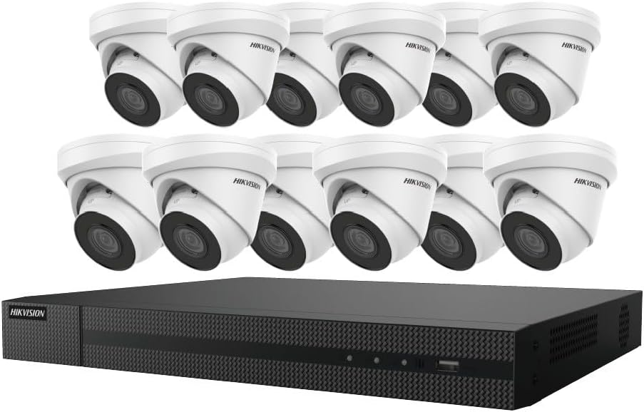 Hikvision EKI-K164T412 16 CH Channel 4K 8MP NVR 4TB with 12 x 4MP Outdoor Turret Dome Cameras 2.8mm 3-Axis IP67 IK10 H.265+ Compatible with Hikvision Hik-Connect, Cable not Included