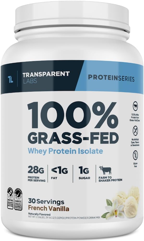 Transparent Labs Grass-Fed Whey Protein Isolate - Natural Flavor, Gluten Free Whey Protein Powder w/ 28g of Protein per Serving & 9 Essential Amino Acids - 30 Servings, French Vanilla