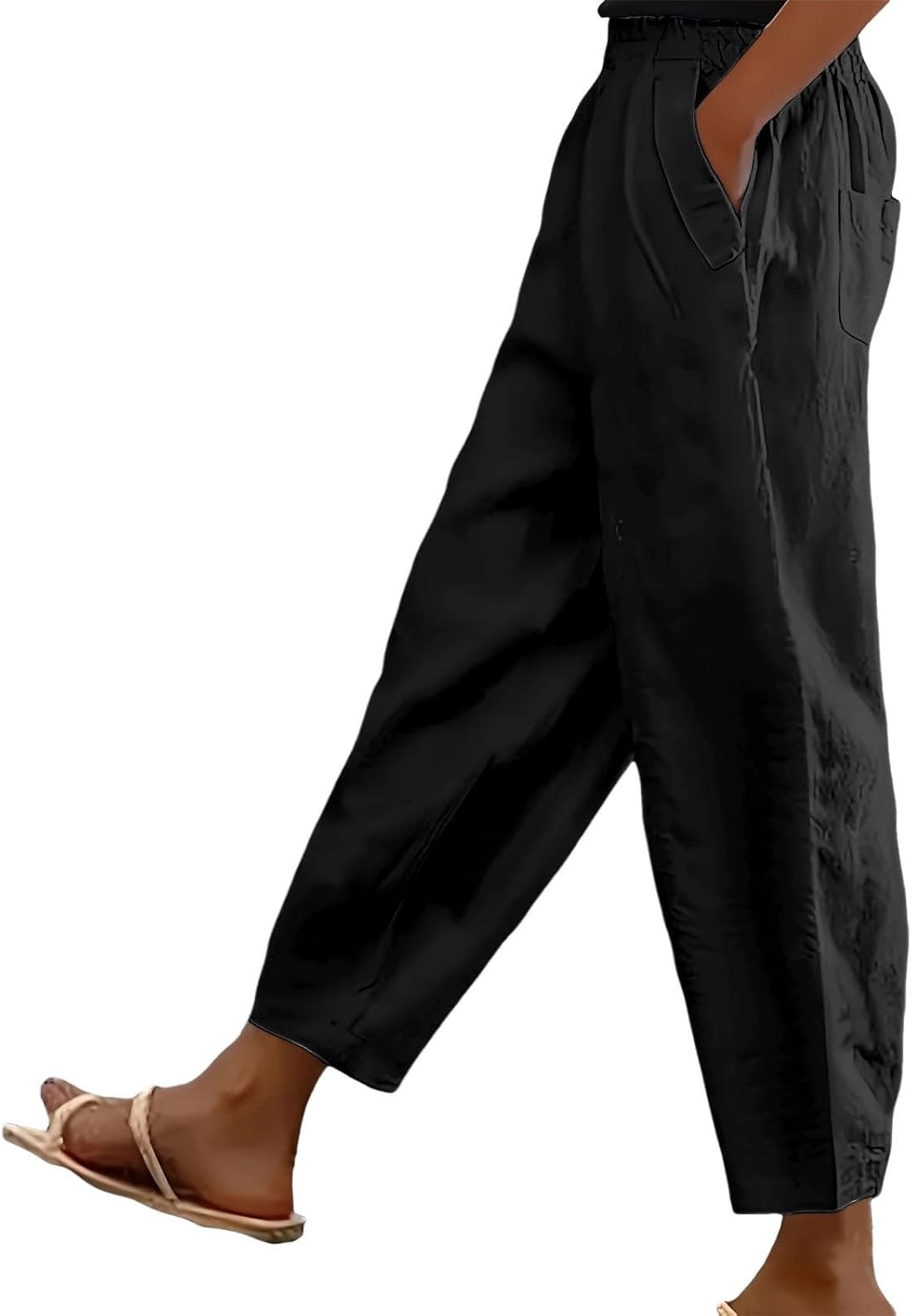 Cotton Linen Trouser Women UK Solid Color Elasticated Waist Trouser Ladies Summer Lounge Pants Loose Fit Full Length Pant Casual Straight Leg Bottoms with Pockets Casual Holiday Beach Joggers