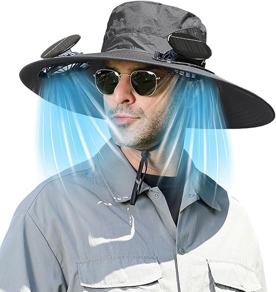 Solar Fan Hat for Men, Wide Brim Sun Hat with 2 Solar Fan, Beach Hat with Fan Built in for Outdoor Fishing Hiking
