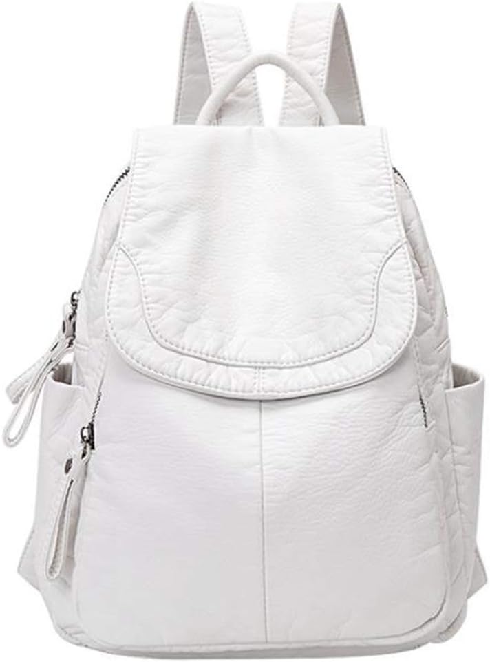 Women's Soft Leather Casual School Backpack - Washed Leather Daypack, Small Shoulder Bag, Waterproof, Fashion Rucksack, Vintage Teen Bags, White