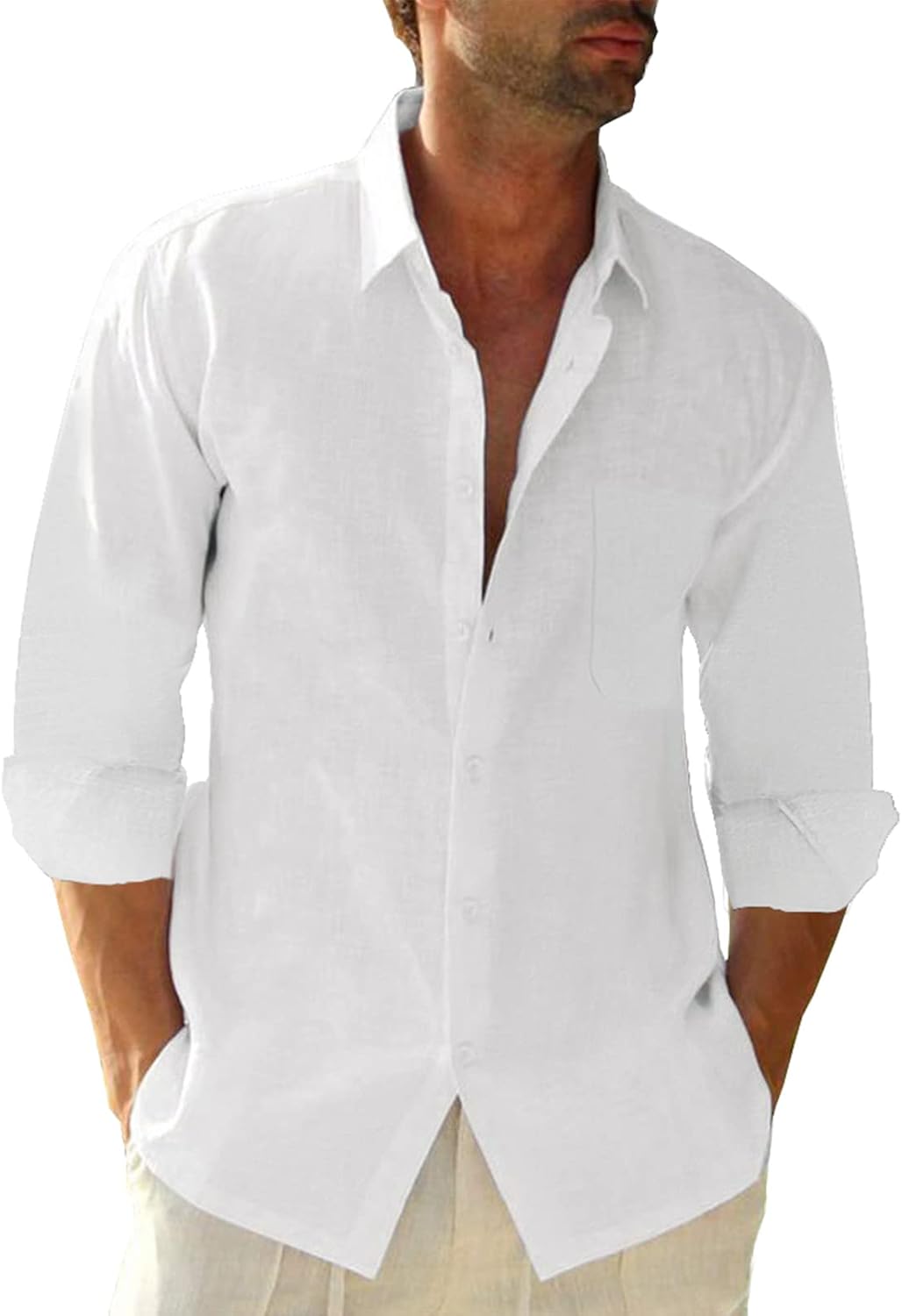 Button Down Linen Shirts for Men Casual Long Sleeve Regular Fit Cotton Beach Shirts with Pocket
