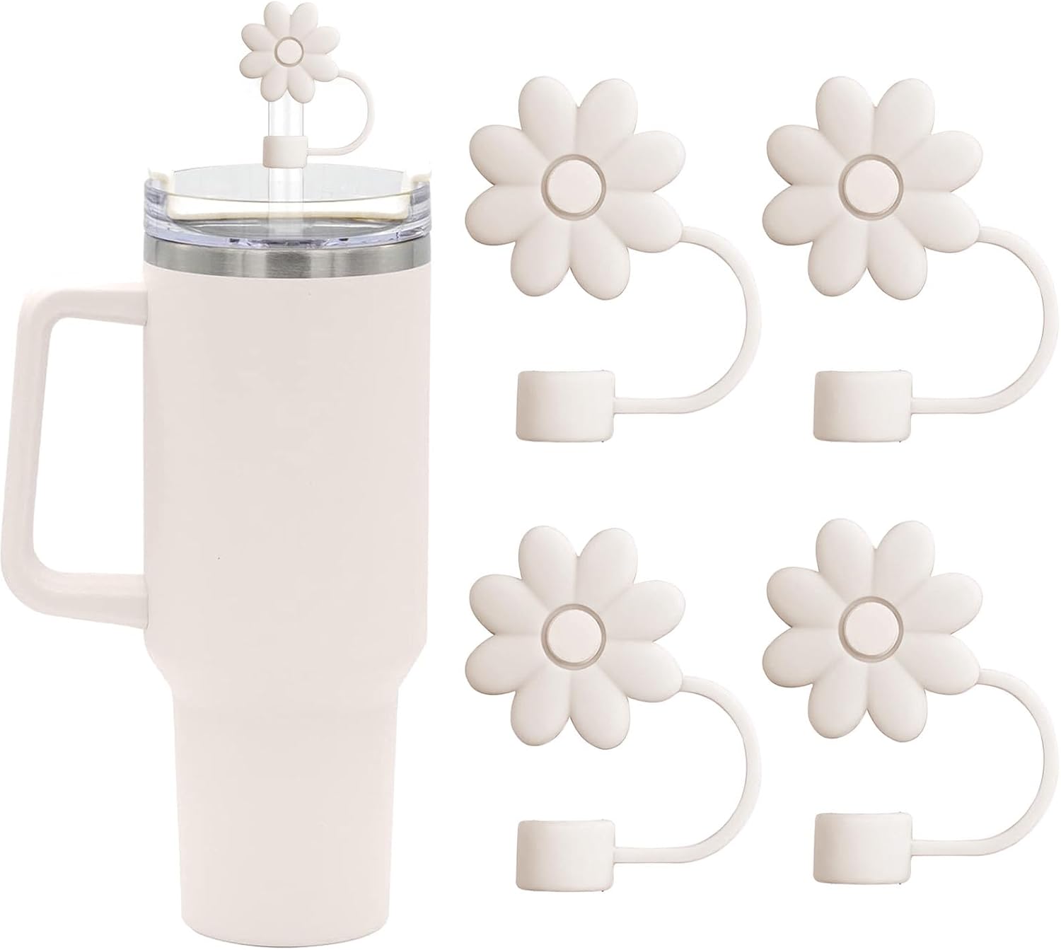 Flower Straw Covers Toppers for Stanley Cups 30&40 Oz Tumbler with Handle Accessories 4PCS Silicone Straw Caps Reusable Straw Tips Protectors for Stanley Cup 10mm 0.4in Straws,Off White