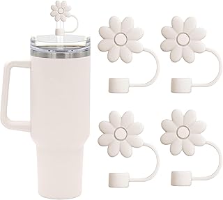 Flower Straw Covers Toppers for Stanley Cups 30&40 Oz Tumbler with Handle Accessories 4PCS Silicone Straw Caps Reusable Straw Tips Protectors for Stanley Cup 10mm 0.4in Straws,Off White