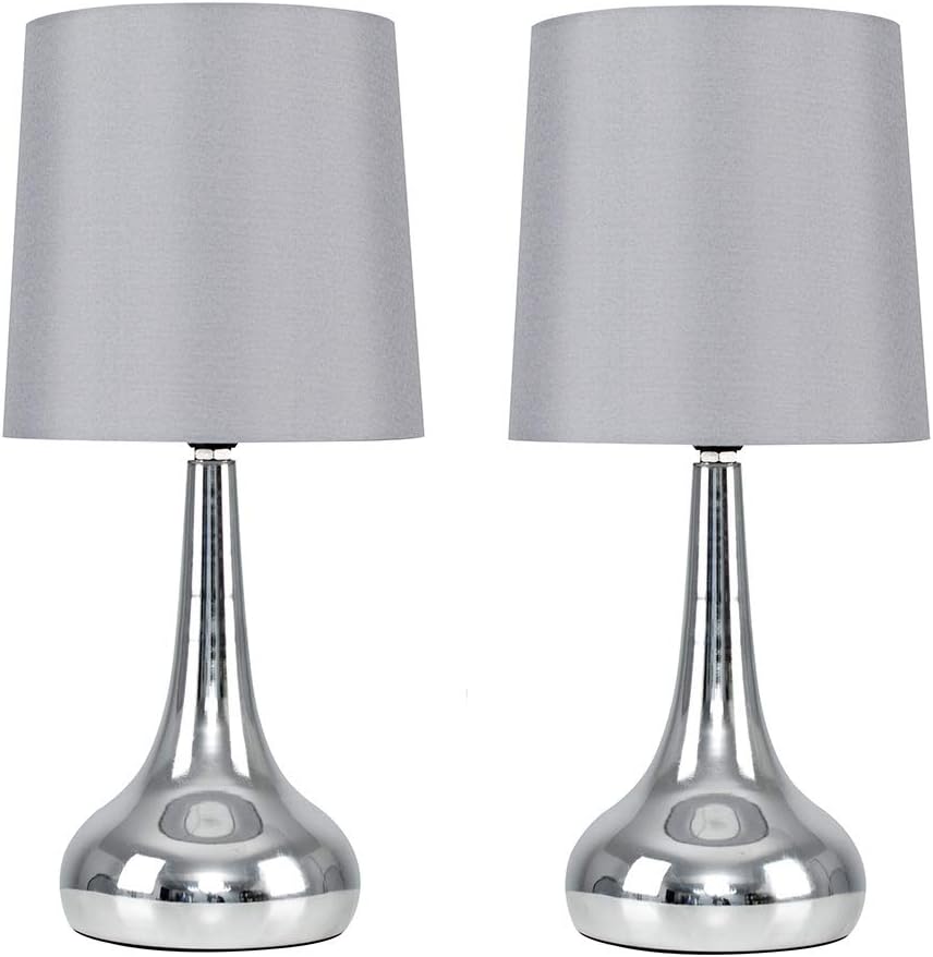 MiniSun | Modern Chrome Teardrop Touch Table Lamps with Grey Fabric Shades | Table Lamps, Home Décor & Improvement Essential | Set of 2 | Includes 5W LED Bulbs [3000K Warm White]