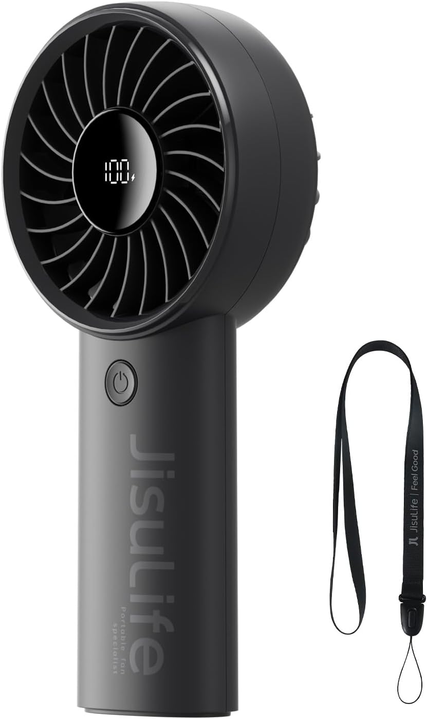 JISULIFE Handheld Fan Life4[5-Speed Turbo Wind Pro],5000mAh Portable Rechargeable Fan with LED Display, Powerful Motor, Summer Essentials for Travel,Beach,Vacation,Makeup,Concerts,Cruise-Black