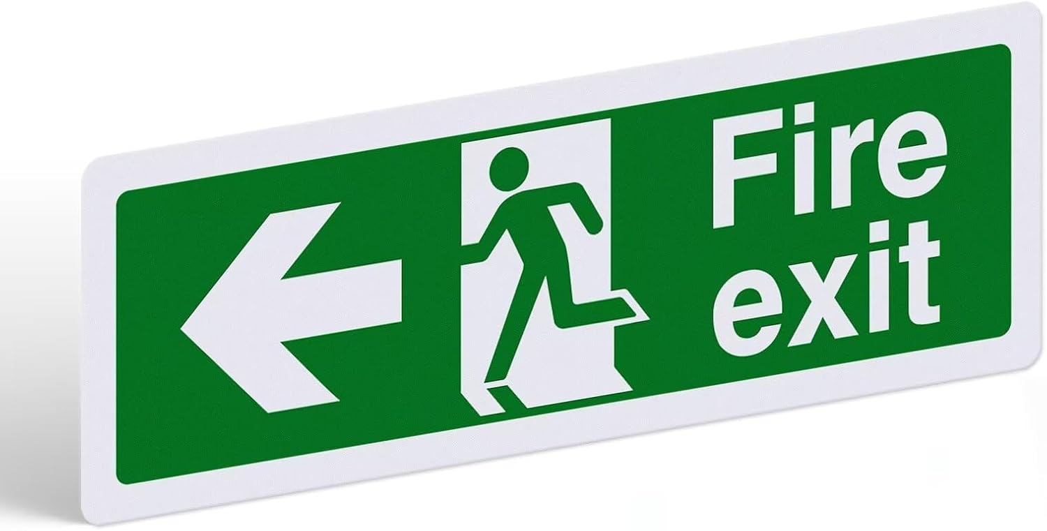 Fire Exit Sign Arrow Left - 1mm PVC Rigid Plastic with Self-Adhesive Backing - Landscape - 300mm x 100mm