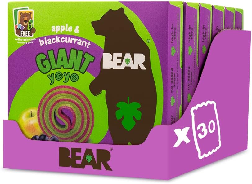 BEAR GIANT Apple & Blackcurrant Yoyos - Dried Fruit Rolls - Healthy - Vegan - 20g, 6 x 5 Packs (Pack of 30)