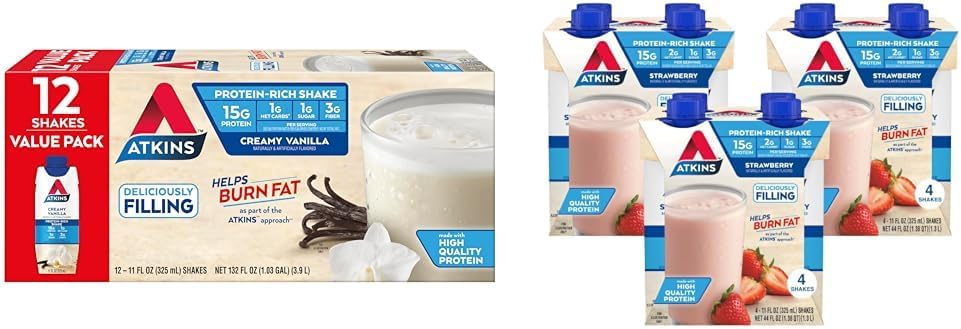Atkins Creamy Vanilla Protein Shake, 15g Protein, Low Glycemic, 2g Net Carb, 1g Sugar, Keto Friendly & Strawberry Protein Shake, 15g Protein, Low Glycemic, 2g Net Carb, 1g Sugar, 12ct