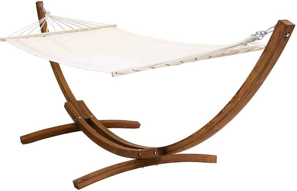 CHARLES BENTLEY Large 3M Hammock, With Larch Wooden Arc Stand, For One Person, Adjustable Hammock Height, In Cream, Free Standing, No Tree, Canvas Fabric, Swing Seat, Cotton, Polyester (310x129x120cm)