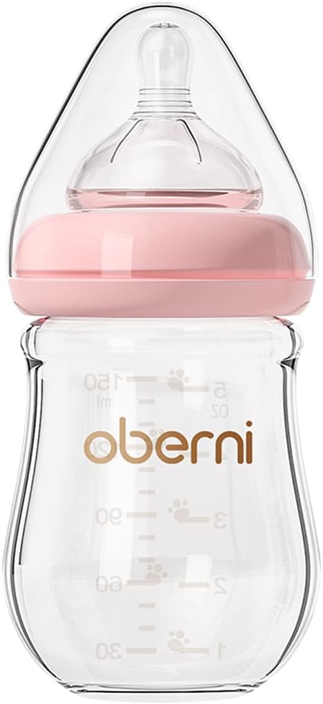 Oberni Anti-Colic Glass Baby Bottles with Slow Flow Breast-Like Silicone Teat, 150ml, 0+ Months, Wide-Neck, Pink/1Pack