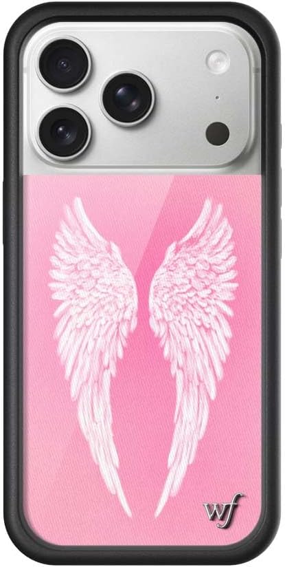 Wildflower Cases - Compatible with iPhone 17 Pro | Protective Black Bumper, 6.5ft Drop Test Certified, Women Owned Small Business | Pink White Wings Aesthetic Trendy | Angel Baby
