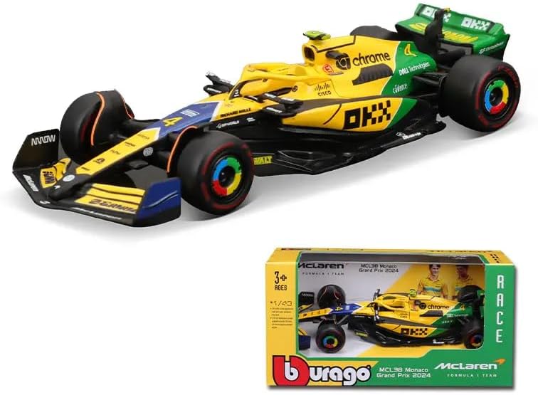HTLNUZD Bburago 1:43 2024 New F1 Mclaren MCL38#4 Lando Norris - Monaco Edition - Alloy Racing Car 1/43 Formula One Model Car Die Cast Adult Collection Vehicles Gift (Color box version)