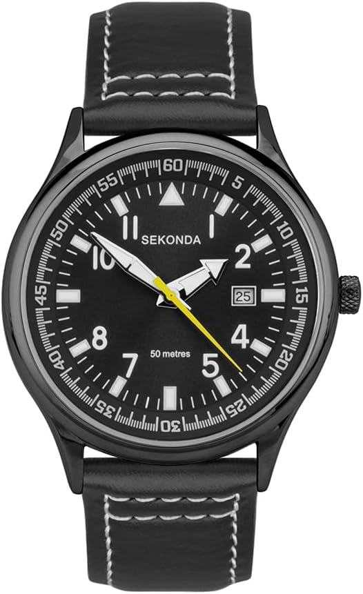 Sekonda Men's 42mm Pilot Style Quartz Watch with Analogue Display Date Window and Leather Strap 50m Water Resistant