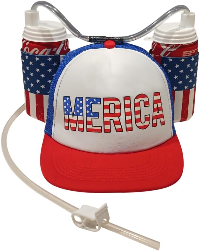 USA Merica Drinking Cap Adjustable Size Hat with Straw for Soda or Beverage Guzzler Drink Helmet - America Drinking July 4th Costume - All American Party Gear Blue