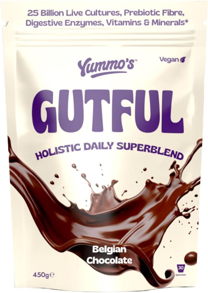 Yummo's GUTFUL Daily Superblend, Chocolate Flavour, 450g, Gut Health Supplement with Live Cultures, Prebiotic Fibre, Digestive Enzymes, Vitamins & Minerals