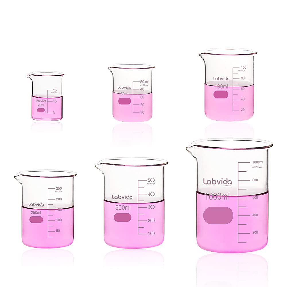 Upgrated 6 Size Low Form Glass Beaker Set, 25ml 50ml 100ml 250ml 500ml 1000ml, 3.3 Boro Glass beakers with Printed Graduation, LVA019