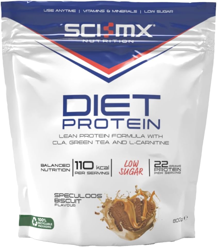 SCI-MX Diet Whey Protein Powder + Vitamins & Green Tea, CLA & L-Carnitine - Speculoos Biscuit • Low Sugar • 22g Protein + 110 Calories per Serving • 800g