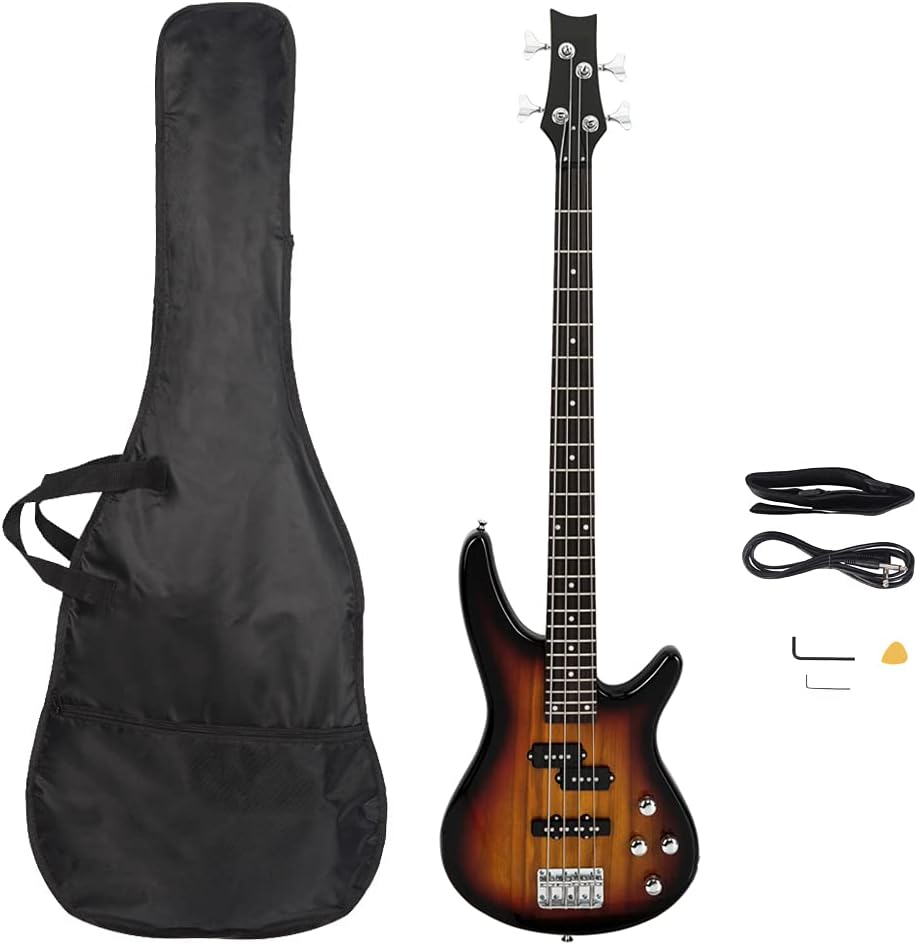Bonnlo Electric Bass Guitar 4-String for Beginner Right Hand with Shoulder Strap, Wrench Tool, Power Line and Bag (Sunset)