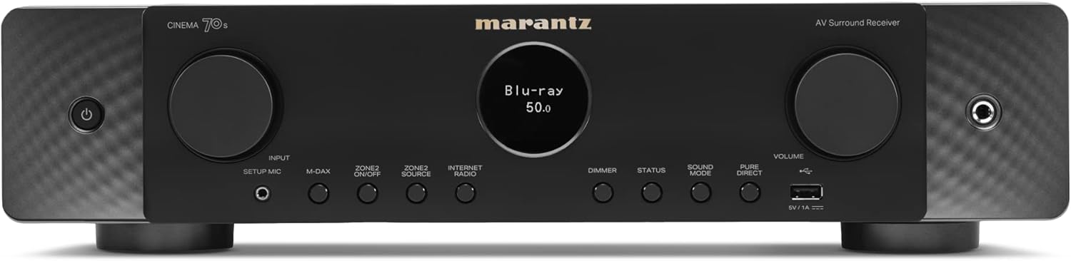 Marantz Cinema 70s Slimline 7.2 AV Receiver, 50W Per Channel, Dolby Atmos, DTS:X, 8K Ultra HD, HEOS Streaming Built-In - Black