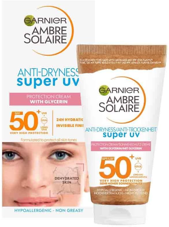 Garnier Ambre Solaire SPF 50+ Anti Dryness Sun Cream Moisturiser for Face, High Protection Against UVA & UVB, Non-Sticky Fast Absorption, For Daily Use, All Skin Tones, Super UV, 50 ml
