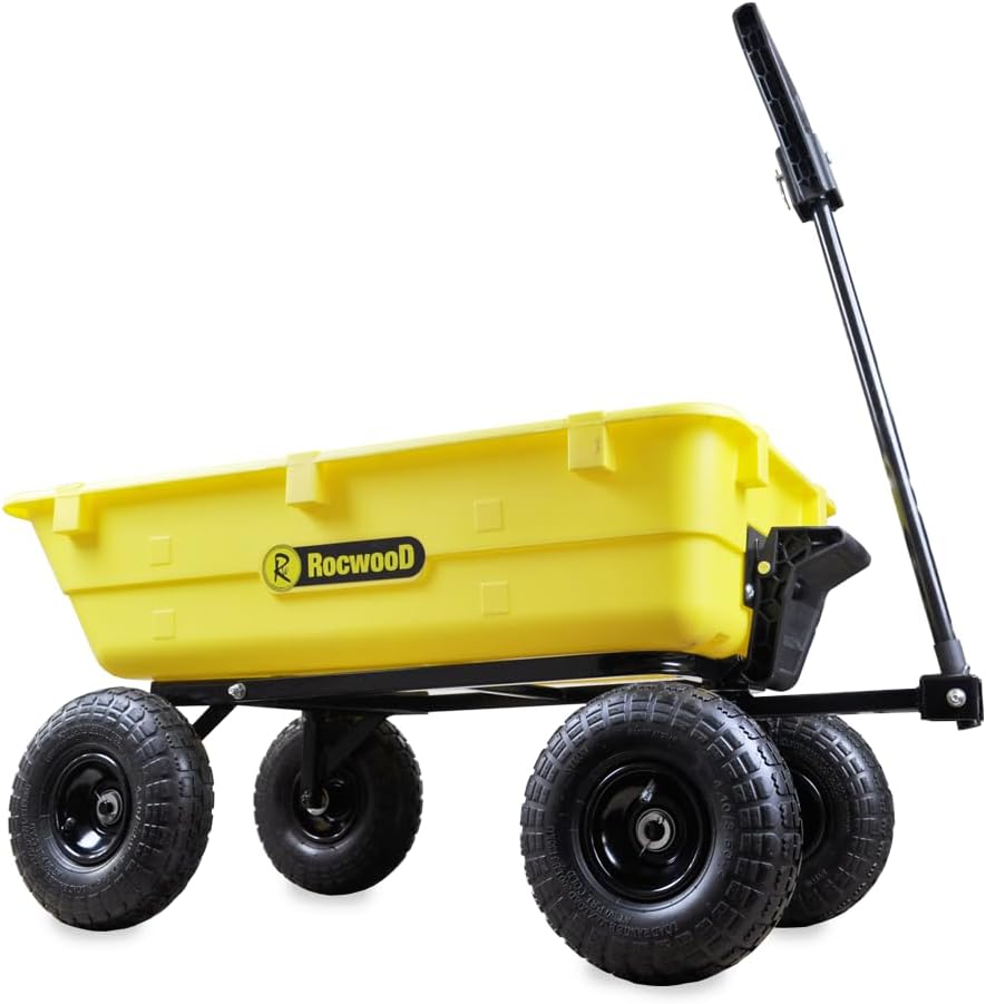 RocwooD Poly Dump Cart Trolley 80L Garden Tipping Wheelbarrow 250kg Utility Truck Trailer Steel Frame Heavy Duty Festival Outdoor Tools Plants 4 Wheels Yellow