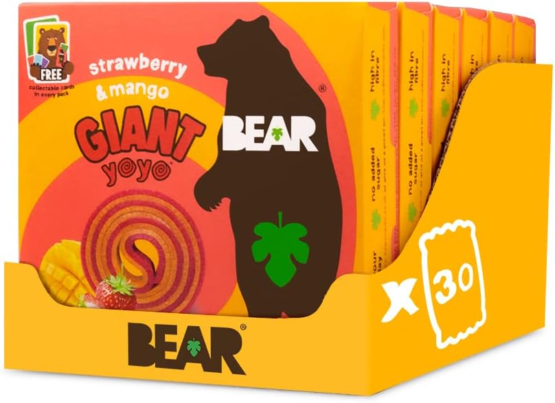 BEAR GIANT Strawberry & Mango Yoyos - Dried Fruit Rolls - Healthy - Vegan - (Pack of 30)20g, 6 Packs x 5 Small packs