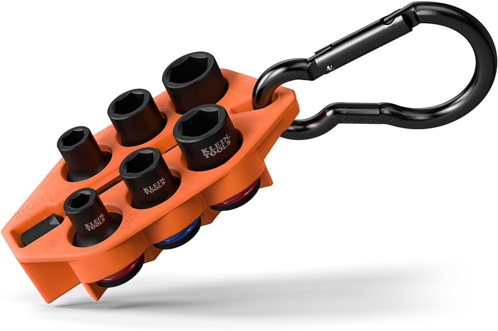 Klein Tools 33808 Grab-And-Go Impact Socket Set, SAE, 7-Piece Set with Sleeve, Carabiner, and 3/8-Inch Drive, Color-Coded 1/4, 5/16, 3/8, 7/16, 1/2, and 9/16-Inch Sockets