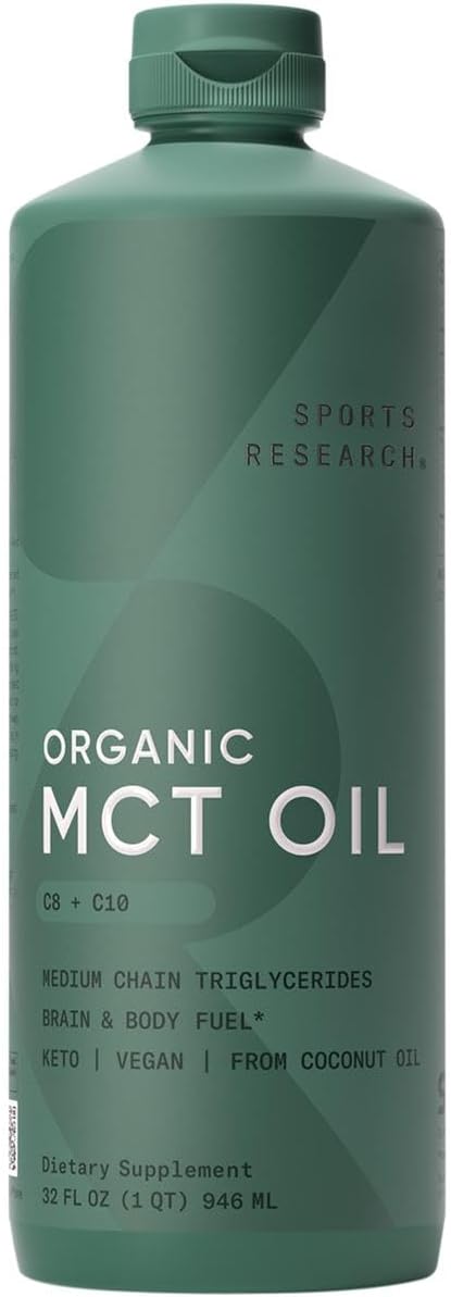Sports Research Keto MCT Oil from Organic Coconuts - Fatty Acid Fuel for Body + Brain - Dual Ingredient C8 and C10 MCTs - Perfect in Coffee, Tea, & More - Non-GMO & Vegan - Unflavored (32 Oz)