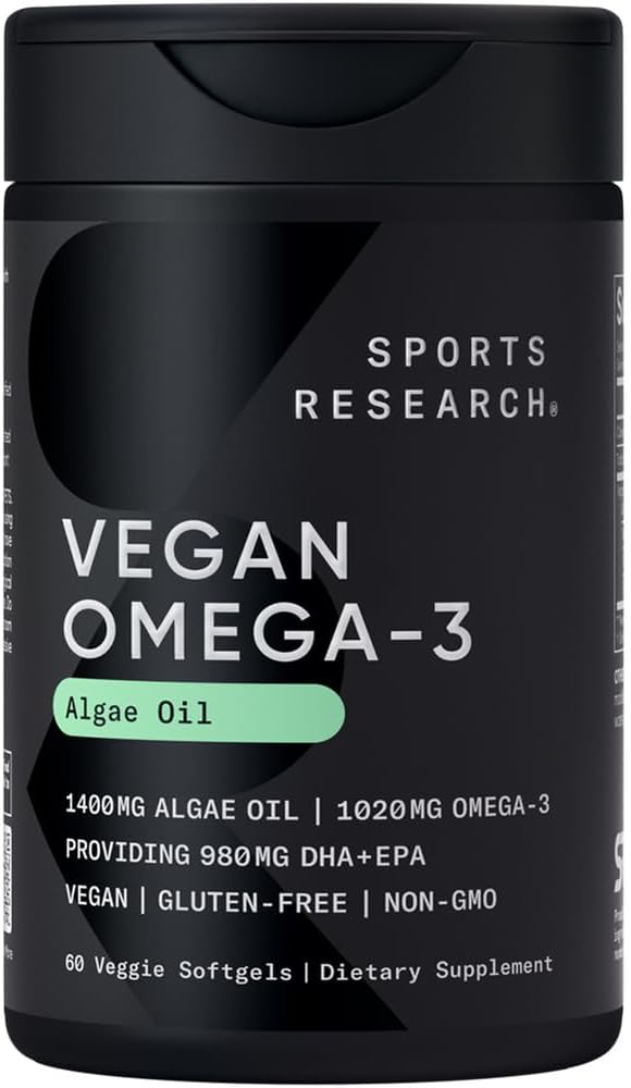Sports Research Vegan Omega-3 Fish Oil Alternative from Algae Oil - Highest Levels of DHA & EPA Fatty Acids | Non-GMO Verified & Vegan Certified - Fresh Lemon Scent - 60 Veggie Softgels