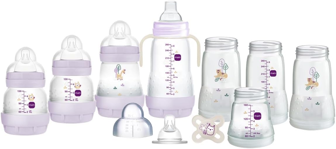 MAM Easy Start Anti-Colic Bottle Starter Set | Includes 8X Feeding Bottles and MAM Original Start 0-2 Month Soother | Self-Sterilising | Baby Gift Set of Newborn Essentials | Lilac (Various Designs)