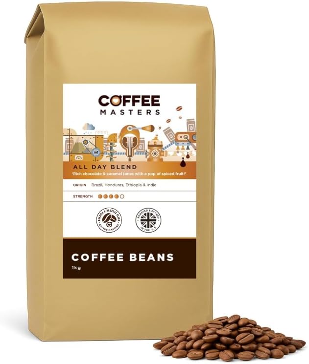 Coffee Masters All Day Blend Espresso Coffee Beans 1kg - Medium Roast for Strong and Full Bodied Drink - Whole Bean, Ideal for Barista Machines