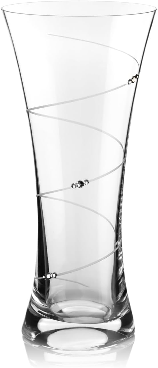 DIAMANTE Swarovski Tall Large Hollow Sided Trumpet Vase ‘Swirl’ Crystal Flared with Swarovski Crystals - 29cm in gift box