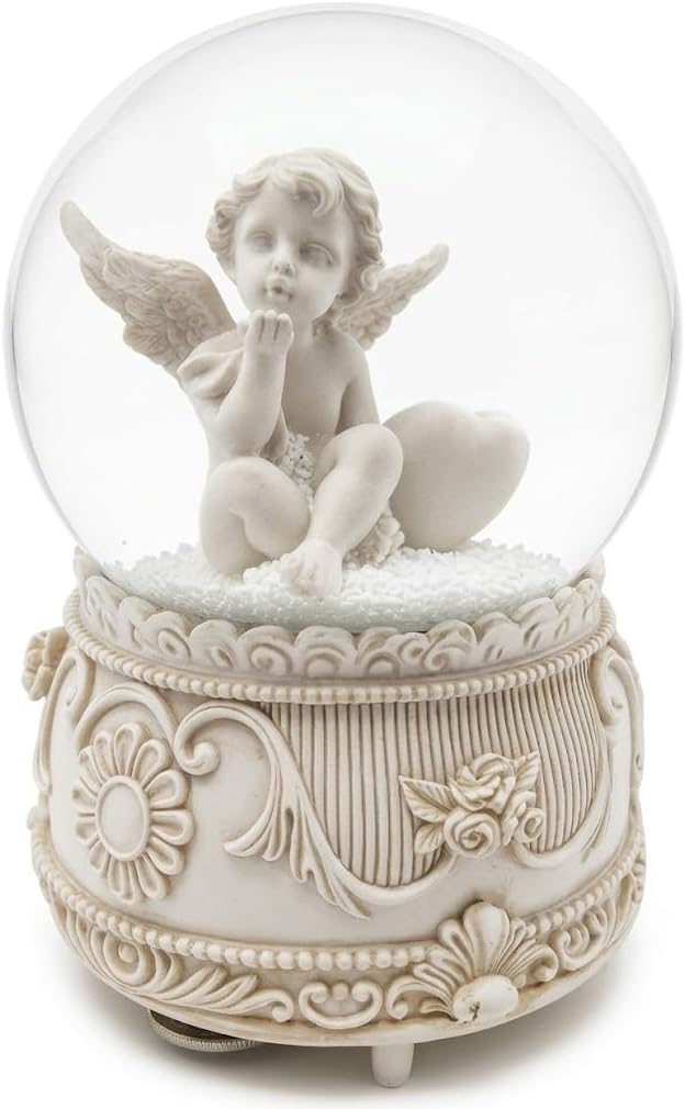 Musical Angel Snow Globe 100mm with LED Light, Cherub Resin Ornament (Design A)
