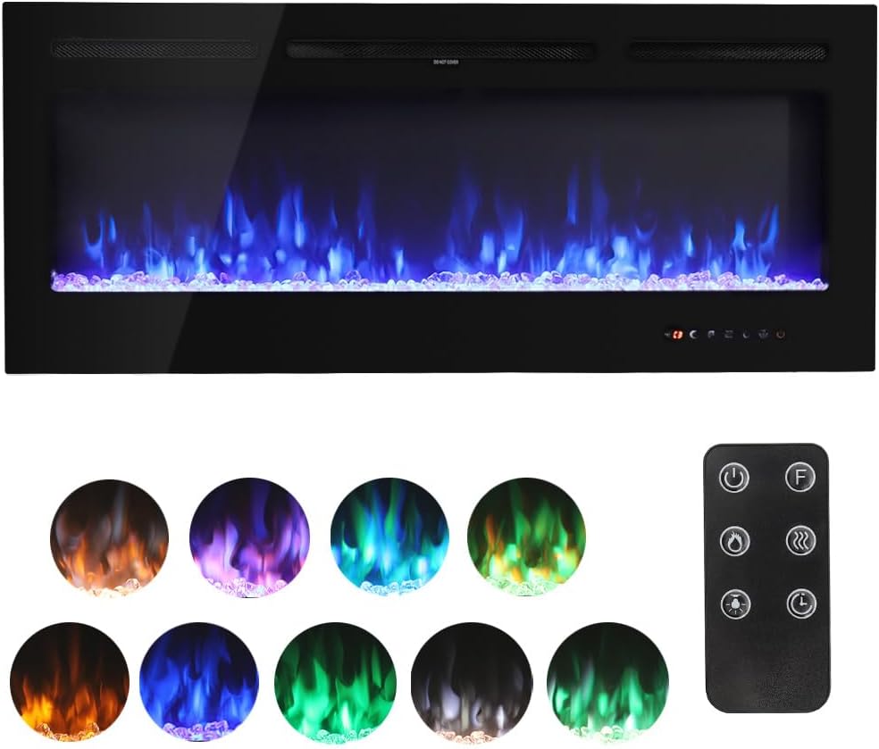 Electric Fireplace, 50"Electrical Fire Recessed and Wall Mounted, Media Wall Fireplace with 9 Flame Colour Effect & Remote Control, 2 Heat 900W & 1800W, Overheat Protection, Log Set&Crystal