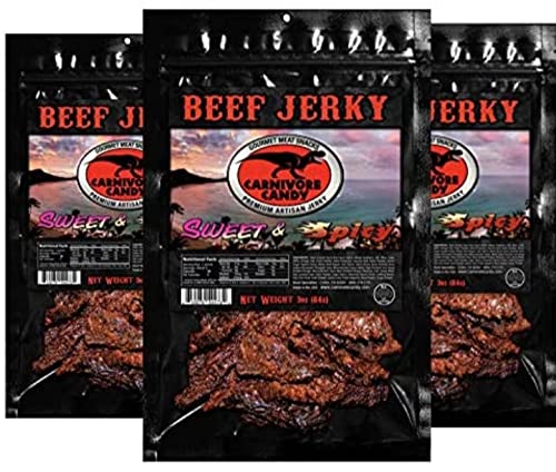 Carnivore Candy Beef Jerky Three Pack Sweet and Spicy Beef Jerky: Satisfy Your Cravings with an Irresistible Fusion of Sweetness and Heat - Premium Quality, Artisanal Snacking at Its Best (3 pack)