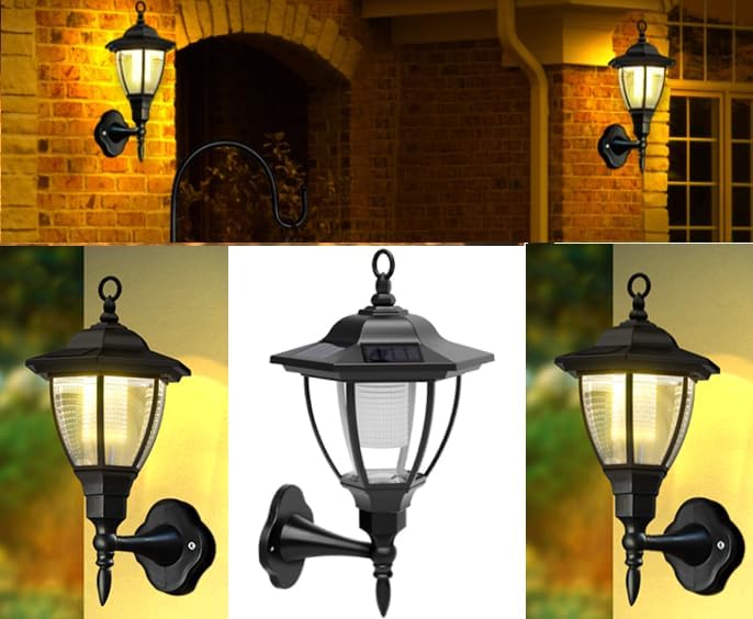 Solarize® Pack of 2 Black Victorian Coach Lamp Lantern Solar Lights LED Solar Lights Traditional Outdoor Garden Lighting Wall Mounted Crystal Lamp Shade Stylish Classic Wall Fence Gate Post Deck Light