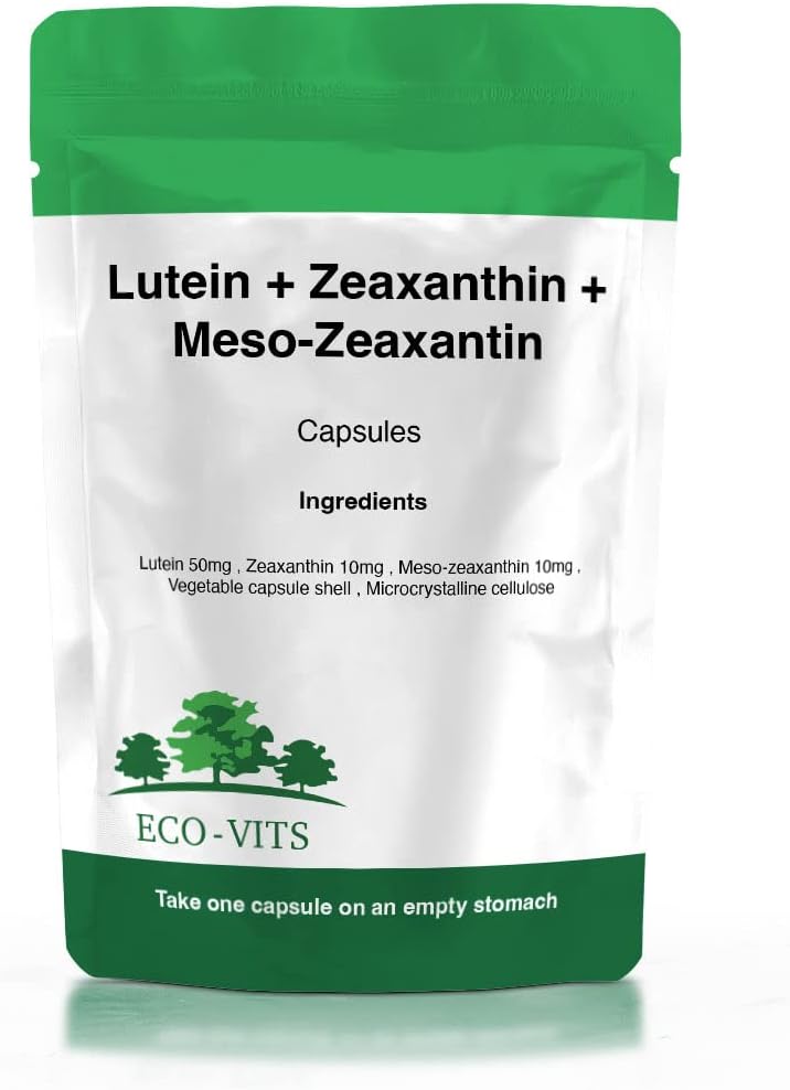 ECO-VITS Lutein (50mg) ZEAXANTHIN (10mg) & Meso-ZEAXANTHIN (10mg) 120 CAPS. Recyclable Packaging. Sealed Pouch