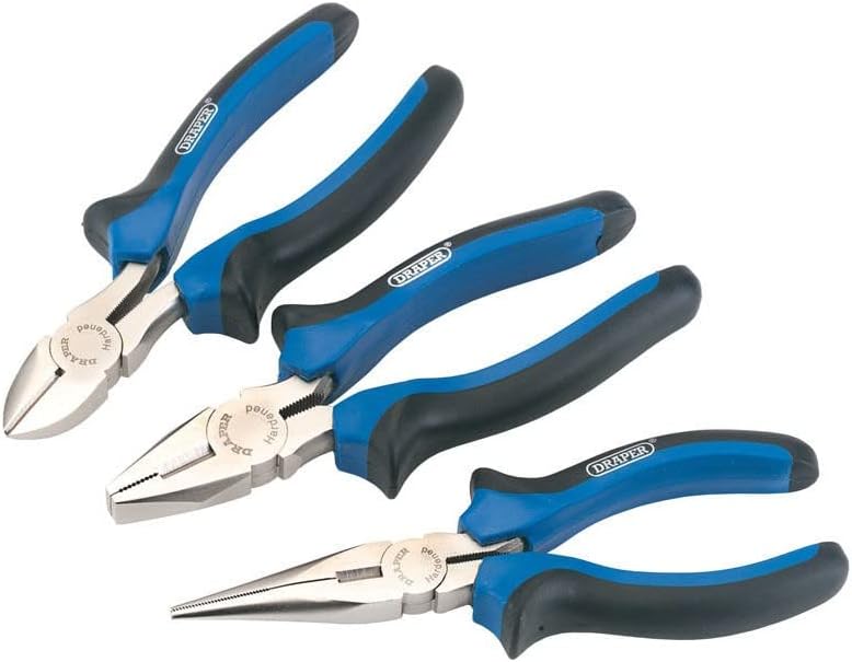 Draper 3 Piece 160mm Plier Set | Soft Grip Hand Tools Kit | Carbon Steel Long Nose Pliers | Combination & Diagonal Side Cutters | Hardened Jaws & Cutting Edges | 45864