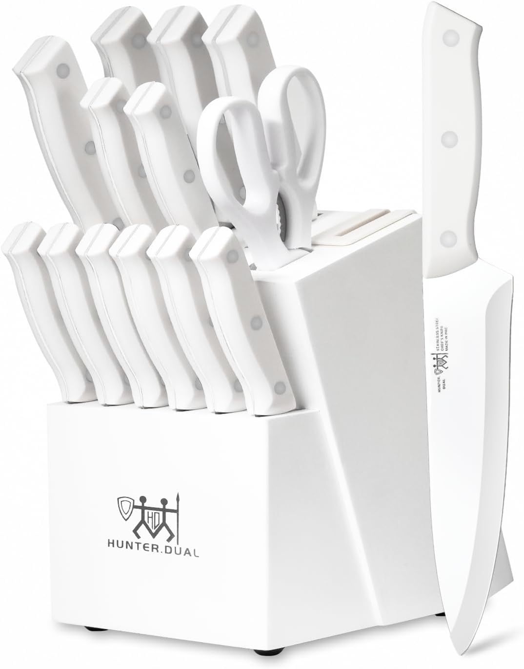 Knife Set, HUNTER.DUAL 15 Piece Kitchen Knife Set with Block and Built-in sharpener, Dishwasher Safe, Anti-slip Handle, White