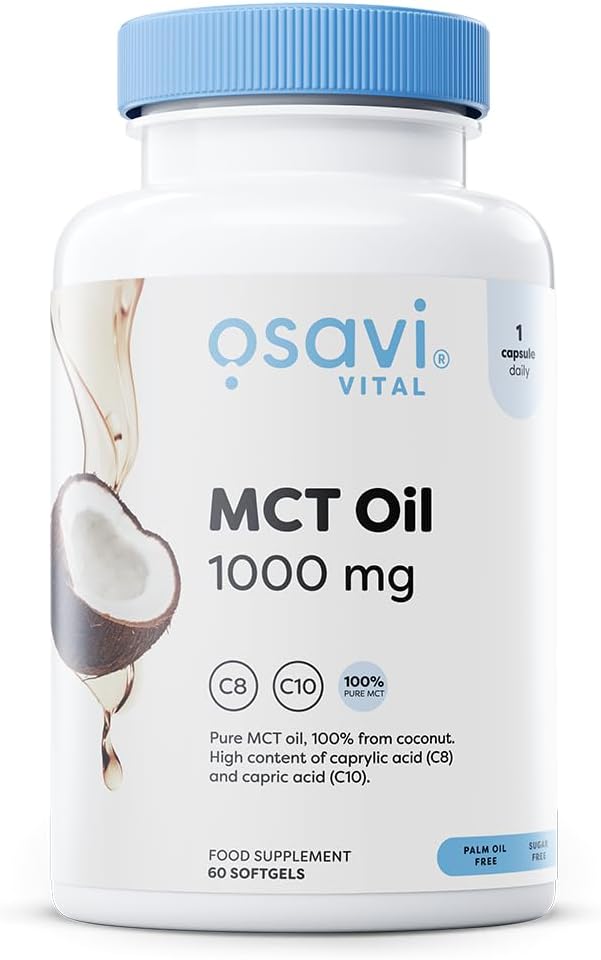 Osavi MCT Oil 1000mg – 60 Softgels | High Concentration of Caprylic (C8) and Capric (C10) Acids | 100% Coconut Oil, Palm Oil Free | Eco–Friendly BioPET Packaging