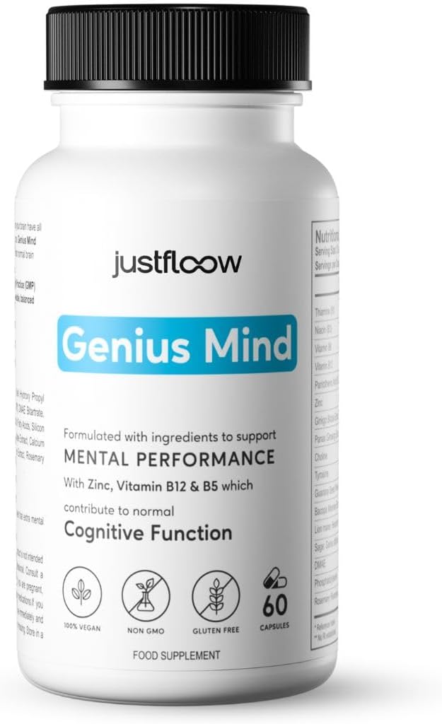 JustFloow Genius Mind® Nootropic Brain Supplement, Support Cognitive Function, Energy Levels, Focus & Memory Function - 17 Brain Boosting Ingredients Including Lions Mane, Bacopa, Ginkgo & Vitamin B12