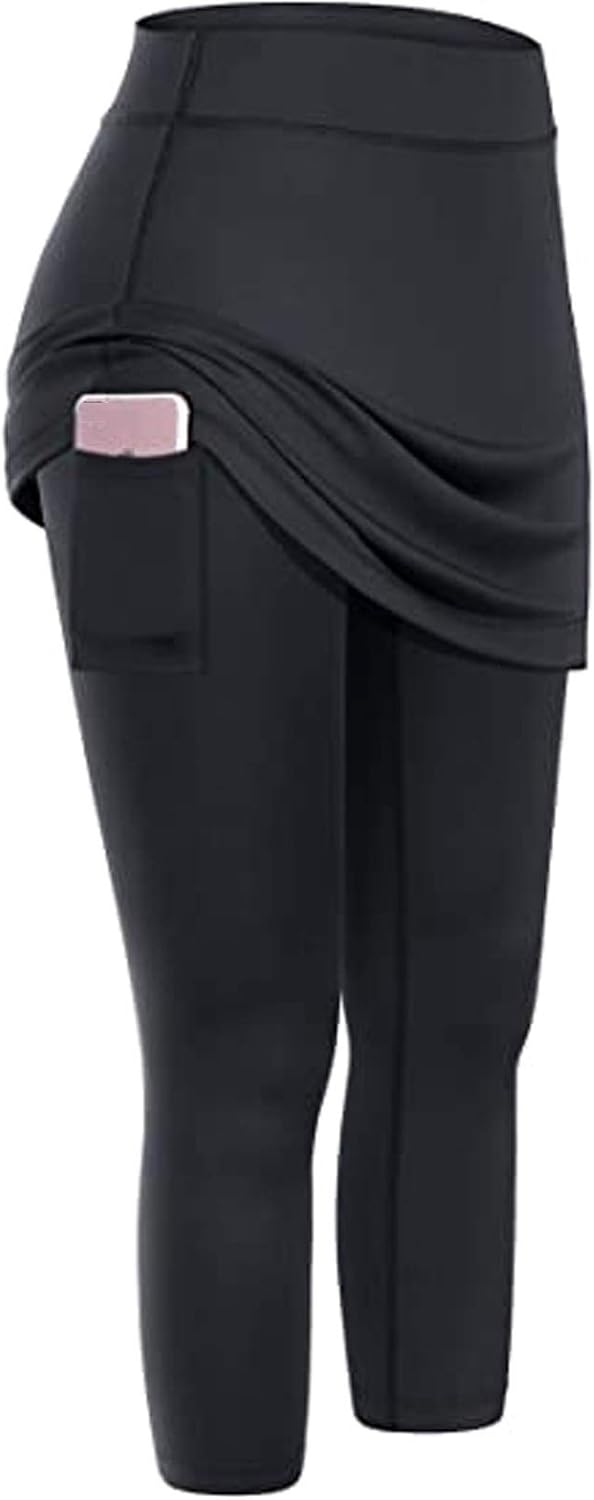Buetory Capri Leggings with Pockets for Women Lightweight Golf Tennis Skirt with Leggings Tummy Control High Waist Active Skort Athletic Ruffle Pleated Running Carpri Pants with Skirt